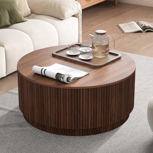 31.5" Round Coffee Table with Storage, Mid Century Modern Coffee Tables with Fluted Base, Wooden Circle Accent Center Table for Living Room Small Space Apartment Office (Walnut) - color: Walnut 31.5" Round Flip-top