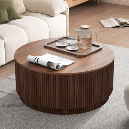 31.5" Round Coffee Table with Storage, Mid Century Modern Coffee Tables with Fluted Base, Wooden Circle Accent Center Table for Living Room Small Space Apartment Office (Walnut) - color: Walnut 31.5" Round Flip-top