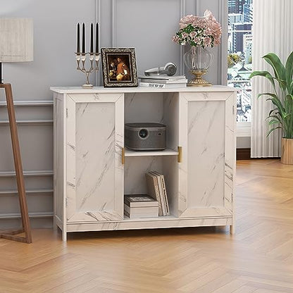 TaoHFE Marble Top Narrow Sideboard Cabinet,White Marble Side Buffet Cabinet | Modern Side Buffet Cabinet With Storage,Kitchen Island narrow sideboard for kitchen for living room - color: Marble White