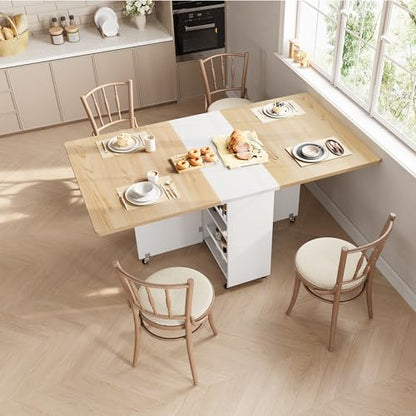 Jocoevol Space Saving Folding Dining Table for 4, Foldable Dining Table with Drawer and Storage Shelf, 6 Wheels Drop Leaf Kitchen Dining Room Table for Small Space (Natural, 47.2" x 23.6" x 29.9") - color: Oak