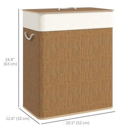HOMCOM Double Laundry Basket with Lid 26.4 Gallon Bamboo Hamper Brown | Rope Handles, Clothes Hamper, Removable Liner, Bathroom, Bedroom - color: Brown