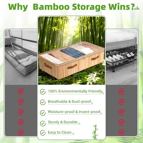 Livole 2 Pack Bamboo Under Bed Storage Containers with Wheels | Breathable Bamboo, Invisible Wheels, 6 inches Height, 56L Large Capacity, Easy Setup, Handles, Clear Lid