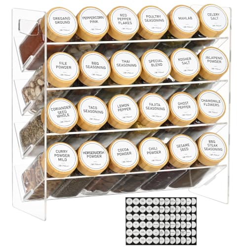 4-Tier Acrylic Spice Rack Organizer with 24 Glass Spice Jars and Wooden Lids, Clear Spice Shelf for Cabinet, Countertop, Pantry, Easy Assembly Seasoning Holder, Compact 11.6" W x 11.4" H