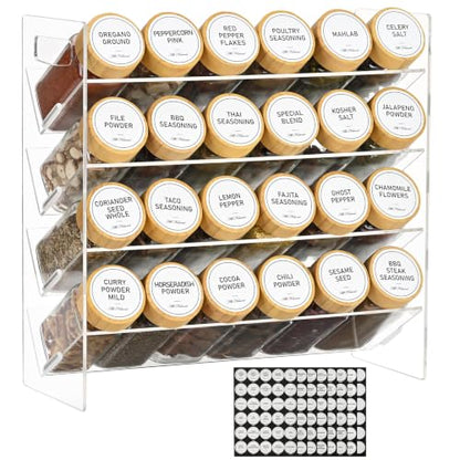 4-Tier Acrylic Spice Rack Organizer with 24 Glass Spice Jars and Wooden Lids, Clear Spice Shelf for Cabinet, Countertop, Pantry, Easy Assembly Seasoning Holder, Compact 11.6" W x 11.4" H