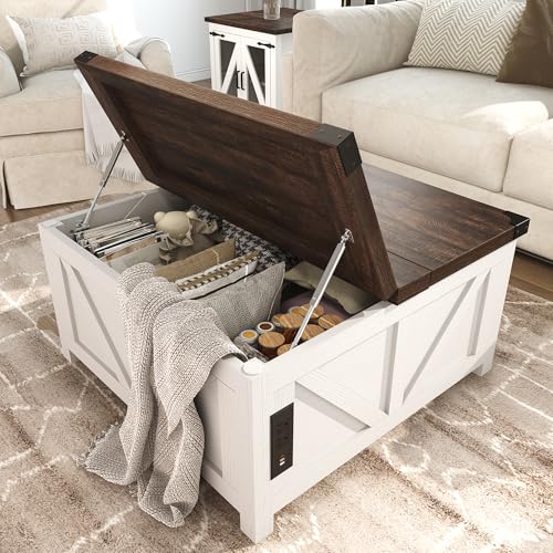 jimeimen Farmhouse Lift Top Coffee Table with Storage, Wood Square Center Table with Charging Station&USB Port, Living Room Table w/Large Hidden Space, for Living Room, Bedroom, Home Office, White - color: White