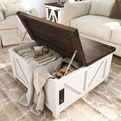 jimeimen Farmhouse Lift Top Coffee Table with Storage, Wood Square Center Table with Charging Station&USB Port, Living Room Table w/Large Hidden Space, for Living Room, Bedroom, Home Office, White - color: White