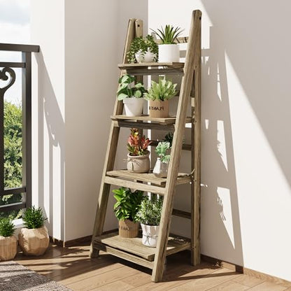 Ladder Shelf 4-Tier Foldable Wooden Ladder Bookshelf Plant Stand | Folding Wooden Ladder Bookshelf, Plant Stand for Small Space, Display Rack for Living Room, Bedroom, Balcony, Natural Wood - color: 4-tier/Light Brown