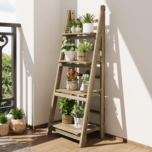 Ladder Shelf 4-Tier Foldable Wooden Ladder Bookshelf Plant Stand | Folding Wooden Ladder Bookshelf, Plant Stand for Small Space, Display Rack for Living Room, Bedroom, Balcony, Natural Wood - color: 4-tier/Light Brown