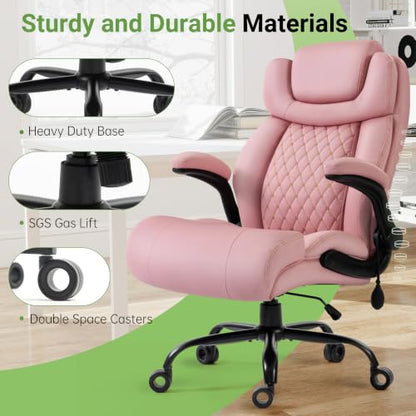 Office Chair, Big and Tall Executive Chair with Air-Lumbar Support, Breathable Desk Computer Chair with Adjustable Flip-up Armrests, Wide Cushion Seat Swivel Home Office Chair - color: Darkpink