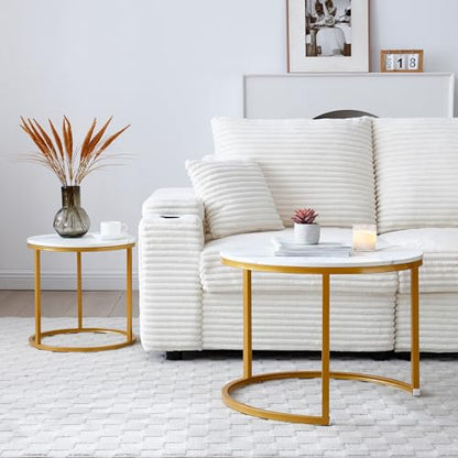 White and Gold Nesting Coffee Tables Set of 2, 23.6" Round Marble Pattern Top with Golden Metal Frame, Modern Accent Side Tables for Living Room, Bedroom, Apartment - color: White,gold