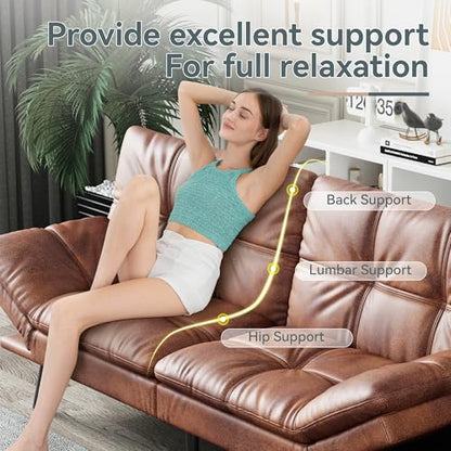 Futon Sofa Bed Convertible Couch, Brown Faux Leather Sofa Bed | Adjustable Backrest & Armrests, Multifunctional Small Loveseat Sleeper Sofa for Living Room, Apartment, Office, Foam Couch - color: A4 | Brown