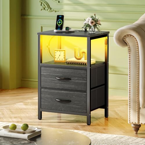 Huuger Night Stand with Charger Station and LED Lights, 2 Drawer Nightstand | Bed Side Table with Open ShelfEnd TableFabric Drawers for Bedroom, Charcoal Black - color: Charcoal Black, size: 11.8"D x 15.7"W x 23.6"H（2 Drawers）