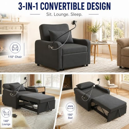 Majnesvon Convertible Chair Bed 3 in 1, Sofa Bed Chair (Black-1) | with Adjustable Backrest & Charging Station, Small Space One Person Couch for Apartment, Office, Living Room, Bedroom - color: Black-1