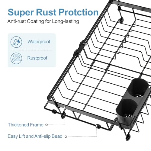 Dish Drying Rack Over the Sink - Expandable Drainer with Cup Holder | Twist-Lock Adjustment, Removable Utensil Holder, Handles with Non-Slip Beads, Rust-Resistant, Space-Saving for Kitchen