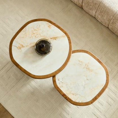 Nesting Coffee Table Set of 2 with Sintered Tabletop, Walnut | 29.13" & 23.38" Modern Irregular Kitchen Table, Burl Wood Veneer, Sturdy MDF Pedestal Base for living Room, Easy Assembly - color: 29.13" & 23.38", Walnut