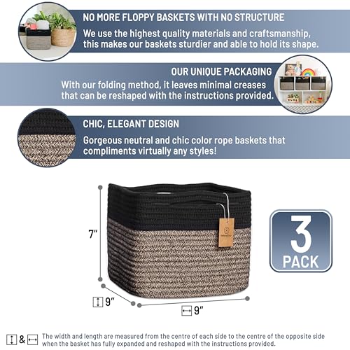 NaturalCozy Storage Cubes 9”x9”x7”Cotton Rope Woven Baskets for Organizing 3-Pack | 9 Inch Cube Storage Bin | Small Basket for Shelf Nursery, Pantry, Decorative Plant, Bathroom Closet, Toy Gift - color: Black & Mixed Black