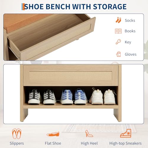 Rattan Drawer Shoe Bench with Soft Cushioned Seat for Hallway | Entryway Storage Shoe Stool - color: Light Oak