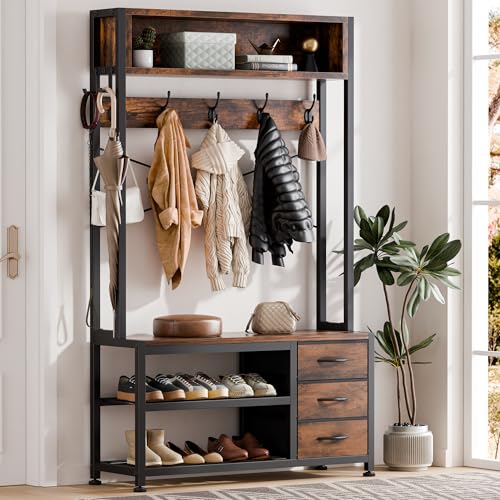Hall Tree with Bench and 3 Drawers Storage, 31.5" Coat Rack Freestanding | Rustic Brown, 6-in-1, Top Cubby, 12 Coat Hooks, Adjustable Shoe Rack, Sturdy Metal Frame, Entryway Organizer - color: Rustic Brown, size: 31.5"W