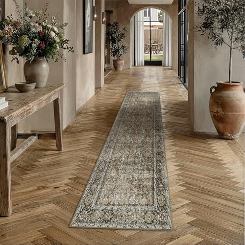 Brown Runner Rug 2x10 Vintage Traditional Distressed | Washable, Non Slip, Soft Low Pile, Extra Long Hallway Carpet for Kitchen, Entryway, Laundry Room, Farmhouse Decor - color: Accent Brown, size: 2' x 10' (Runner)