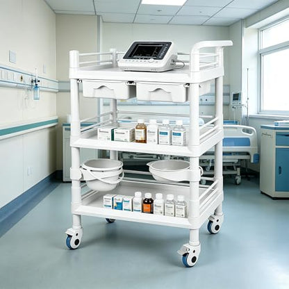 3-Tier Medical Mobile Trolley Cart, Rolling Esthetician Utility Cart | 330 Lbs Heavy Duty, with Drawers, Dirt Buckets & Bowl, 360° Rotate Lockable Wheels for Hospital, Dental Clinic, Beauty Salon - size: wide 28 in