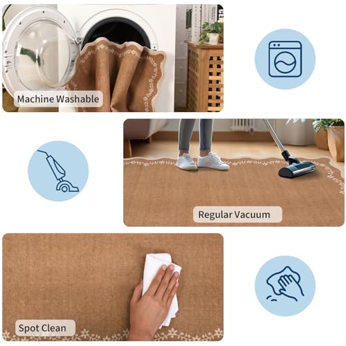 GarveeHome 2.5x10 Scalloped Washable Runner Rug Long Hallway Kitchen Rug | Soft Brown Hall Runner Non Slip Entryway Rug Farmhouse Thin Laundry Mat Stain Resistant Carpet for Bathroom Beside Rug - color: Brown, size: 2'6" x 10' (Rectangular)