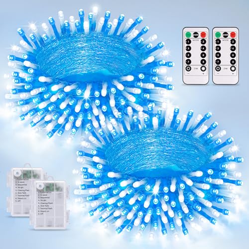 JMEXSUSS 2 Pack Blue and White Battery String Lights, Each 33ft 100 LED | Battery Powered Christmas Lights with Remote for Outside Party Birthday - color: Blue&White, size: 2*100LED