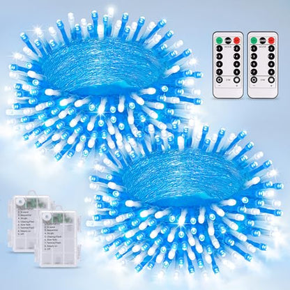 JMEXSUSS 2 Pack Blue and White Battery String Lights, Each 33ft 100 LED | Battery Powered Christmas Lights with Remote for Outside Party Birthday - color: Blue&White, size: 2*100LED
