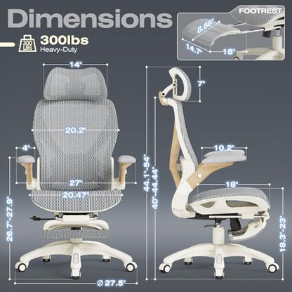 X100 Ergonomic Mesh Office Chair with Footrest, Big and Tall Home Desk Chair with 5D Flip-Up Arms, Adjustable 3D Lumbar Support, Gaming & Executive Computer Chair (Foggy Morning) - color: Foggy Morning