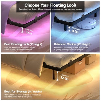 qimamo Floating Queen Bed Frame, 7 Inch Metal Platform Bed with Smart LED Lights & Charging Station, Easy Assembly, No Box Spring Needed - size: Queen (U.S. Standard), style: Floating Look 7"