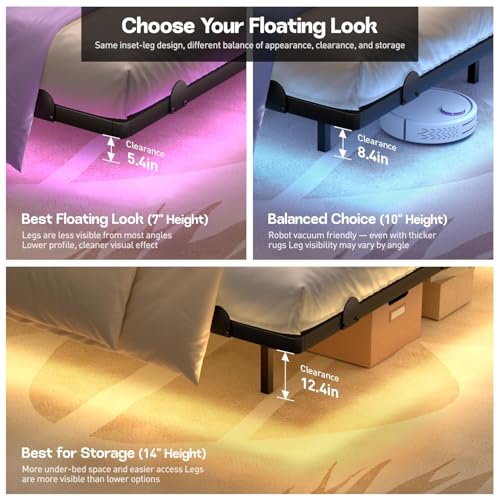 qimamo 7 Inch Floating Full Bed Frame with Smart LED Lights and Charging Station, Modern Metal Full Bed Frame, Easy to Assemble, No Box Spring Needed - size: Full (U.S. Standard), style: Floating Look 7"