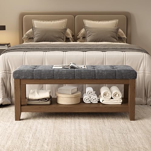 ABHENG Solid Rubber Wood Shoe Bench, Soft Chenille Material Upholstered Seat, 770LB Load Capacity, Multi-Storage for Entryway/Bedroom/Living Room, Vintage Style, 43.3"x15.7"x17.7", Dark Gray,UASND65G - color: Grey, size: 43.3"W x 15.7"D x 17.7"H
