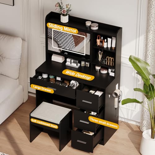 Viaozutis Vanity Desk with a Mirror and Lights，with Chair and Four Drawers, Three Adjustable Lighting Modes，with Power Outlet and Sliding LED Mirror,Bedroom Vanity Desk (Black) - style: Black