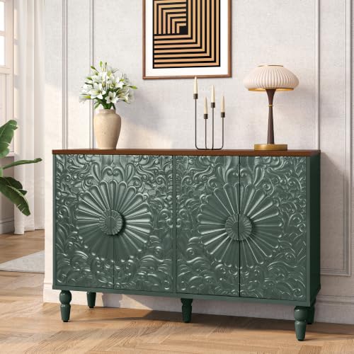 Accent Cabinet with 4 Vintage Carved Flower Doors, Green | 47" Sideboard Buffet Cabinet with Storage, Decorative Cabinet Wood Credenza for Living Room, Hallway - color: Green