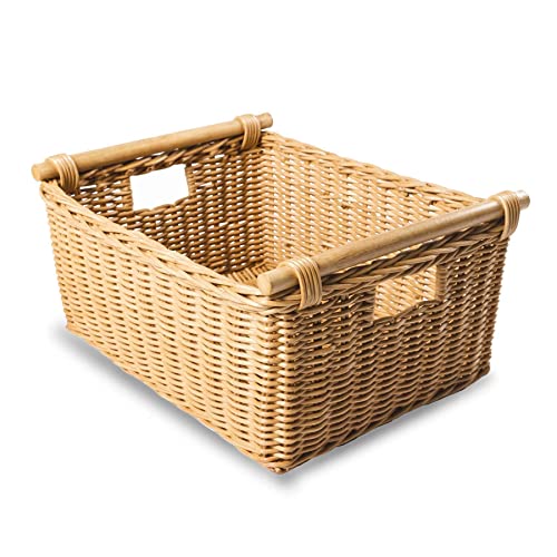 The Basket Lady Pole Handle Wicker Storage Basket, M, Sandstone | Outside: 16" L x 12" W x 8.25" H | Inside: 14"L x 10"W x 8"H - Handcrafted by artisans from natural rattan - color: Sandstone, size: Medium