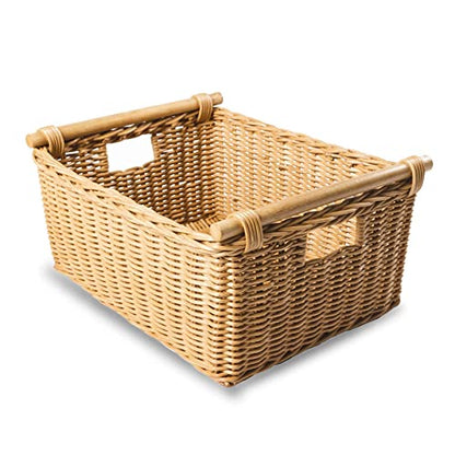 The Basket Lady Pole Handle Wicker Storage Basket, M, Sandstone | Outside: 16" L x 12" W x 8.25" H | Inside: 14"L x 10"W x 8"H - Handcrafted by artisans from natural rattan - color: Sandstone, size: Medium