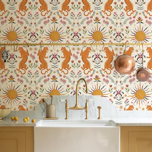 Tropical Beige Tiger Peel and Stick Wallpaper, 17.3" x 120" | Waterproof Removable Self Adhesive Wallpaper, Boho Jungle Animal Contact Paper for Bedroom, Bathroom, DIY Wall Decor,14.4 sq. - color: Beige, size: 17.3" x 120"