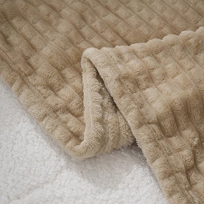 Puncuntex Fleece Throw Blanket Khaki 50"×60" with Square Grid Design | Super Soft Plush Cozy Flannel Throw Blanket Luxury for Couch Sofa Chair - color: Khaki, size: 50"×60"