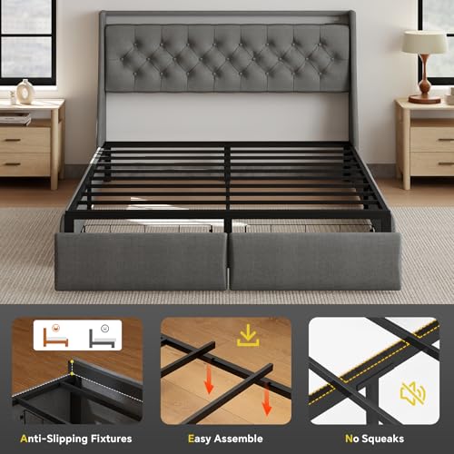 SADENICEL Queen Bed Frame with 2 Storage Drawer, Queen Size Bed Frame, Grey | Headboard with Charging Station and LED Lights, Metal Platform Bed with Storage Shelf, Noise Free, No Box Spring Needed - size: Queen, style: 2 Storage Drawer