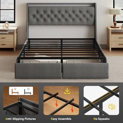 SADENICEL Queen Bed Frame with 2 Storage Drawer, Queen Size Bed Frame, Grey | Headboard with Charging Station and LED Lights, Metal Platform Bed with Storage Shelf, Noise Free, No Box Spring Needed - size: Queen, style: 2 Storage Drawer