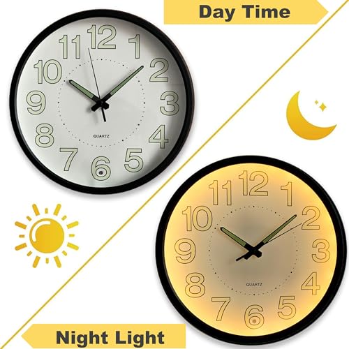 12 Inches Night Light Wall Clocks - with Silent Non-Ticking Glowing Function - Big Solid Numbers Easy to Read Both Day and Night - color: White/Black