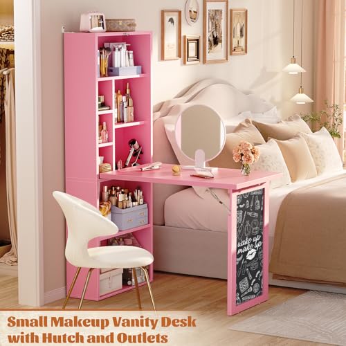 Small Folding Desk with Outlets, Convertible Writing Desk for Small Spaces/Home Office/Craft Room, Multi-Function Desk Workstation with Blackboard, Fold-Out Cabinet Table, Pink | Foldable Wall Mounted Desk Cabinet with Storage, Craft Cabinet with Fold Out