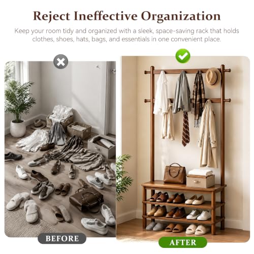 Hall Tree Bench Shoe Storage Organizer 11 Hooks, Mudroom hallway entryway, Freestanding durable construction, Family daily use, Space saving - size: 27.2" Long
