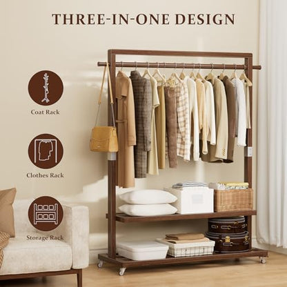Solid Wood Clothes Rack with Wheels 3-in-1 Garment Rack Extra Long Rod 2 Shelves - size: L-12.6"L x 41.3"W x 66.1"H