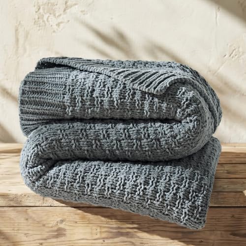 EVERGRACEHOME Chunky Chenille Knit Throw Blanket, Dusk Blue, 60" x 80" | Basketweave Chenille Knit, OEKO-TEX Certified, Lightweight Warmth, Modern Farmhouse, Decorative Throw for Couch, Bed & Sofa - color: Dusk Blue, size: 60" x 80"