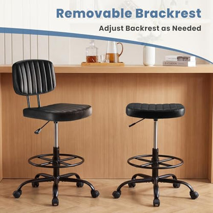 DUMOS Armless Drafting Chair, Standing Desk Chair, Rolling Stool | Ergonomic Low Back Office Seat, Height Adjustable with Footrest Ring, PU Leather, Swivel Wheels, Studio Lab Counter, Black - color: Black