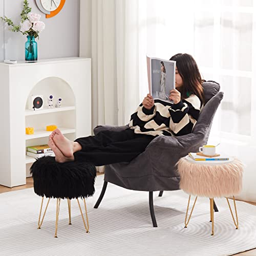 Faux Fur Storage Ottoman Round Furry Vanity Stool Marble Grain Tray Coffee Table Compact Footrest Stool with 4 Metal Legs Soft Makeup Seat Foot Stools Living Room Bedroom Entryway Champagne - color: Champagne