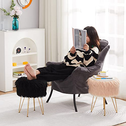 Faux Fur Storage Ottoman Round Furry Vanity Stool Marble Grain Tray Coffee Table Compact Footrest Stool with 4 Metal Legs Soft Makeup Seat Foot Stools Living Room Bedroom Entryway Champagne - color: Champagne
