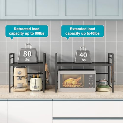 DOLALIKE Microwave Oven Rack, Expandable Microwave Stand Countertop Kitchen Utensils Tableware Storage, Carbon Steel Over Microwave Shelf Countertop with 3 Hooks | Adjustable Microwave Oven Rack Metal Storage Shelf for Pans Small Appliances Kitchen Utensi