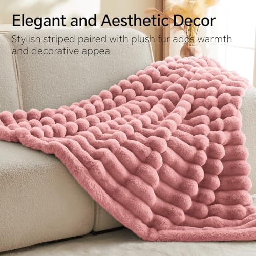 BEDELITE Faux Fur Throw Blanket for Couch, 770GSM, 50" x 60", Pink | Soft and Cozy Luxurious 3D Striped Fluffy Blanket, Warm Plush Fuzzy Faux Rabbit Fur for Women Gift, Stylish Room Decor - color: Pink, size: Throw(50"x60")