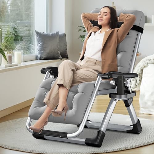 Comfy Folding Chair, Folding Lounge Chair with Cushion, Reclining Chair - color: Sand Gray